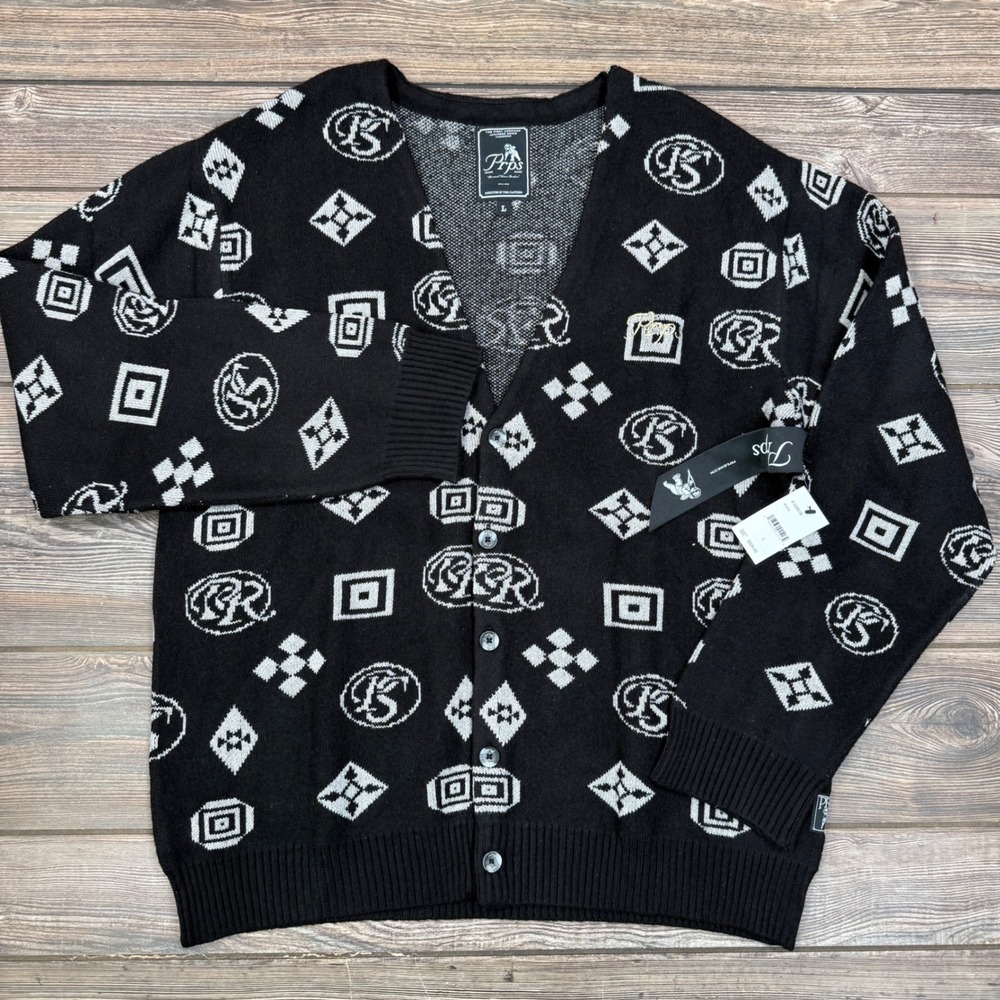 Prps Mens Monogram Cardigan Sweater Black White Jacquard Logo E109S19 LARGE NEW